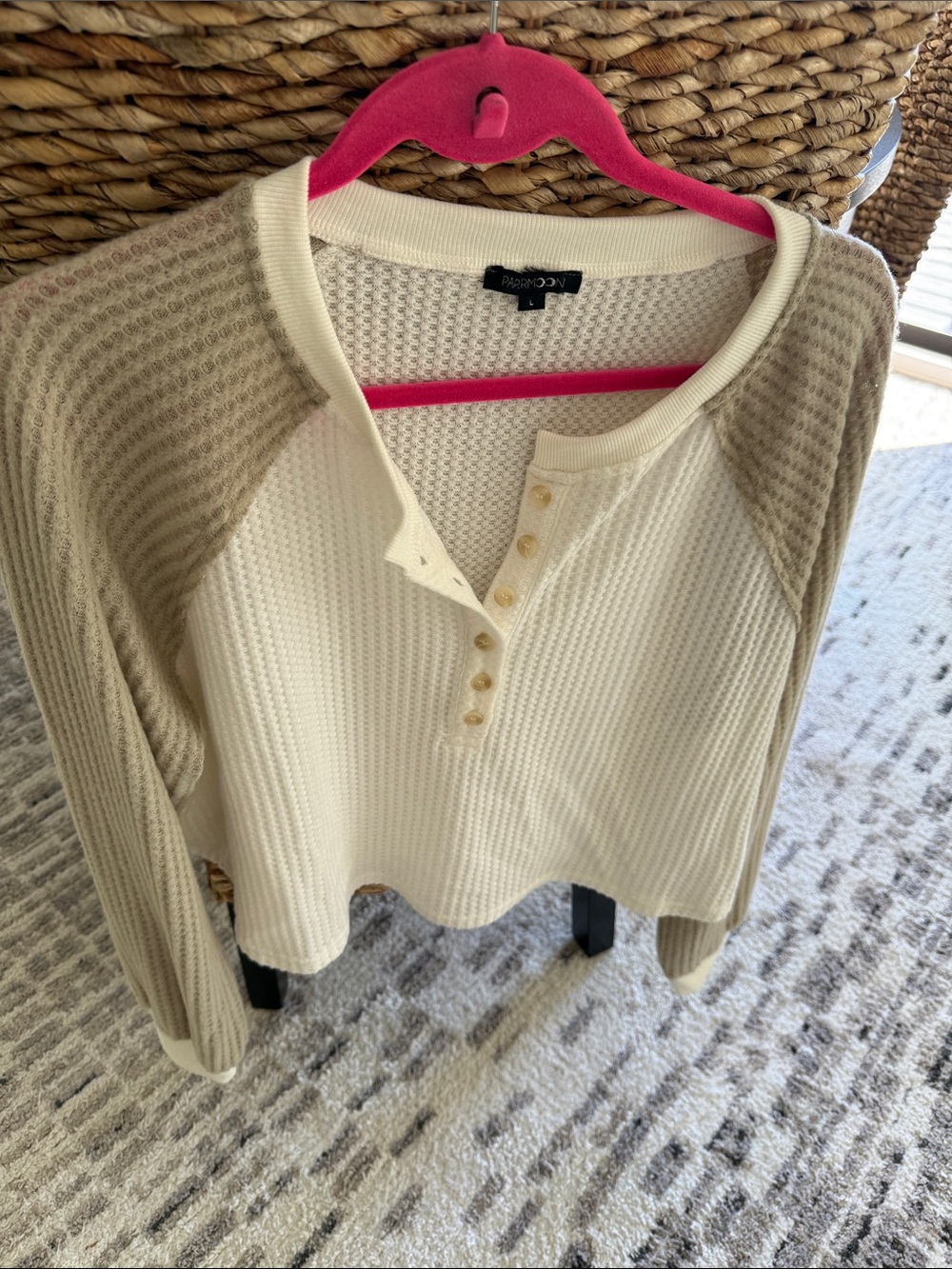 Papermoon Two-Tone Waffle Henley Long Sleeve in Cream and Tan
